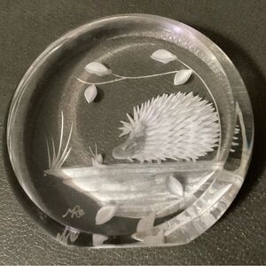 3 Vtg Hedgehogs A Etched  Paperweight,Hot Plate and Pocket Mirror Accents Set
